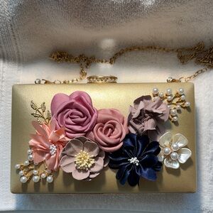 Floral Embellished Gold Clutch
